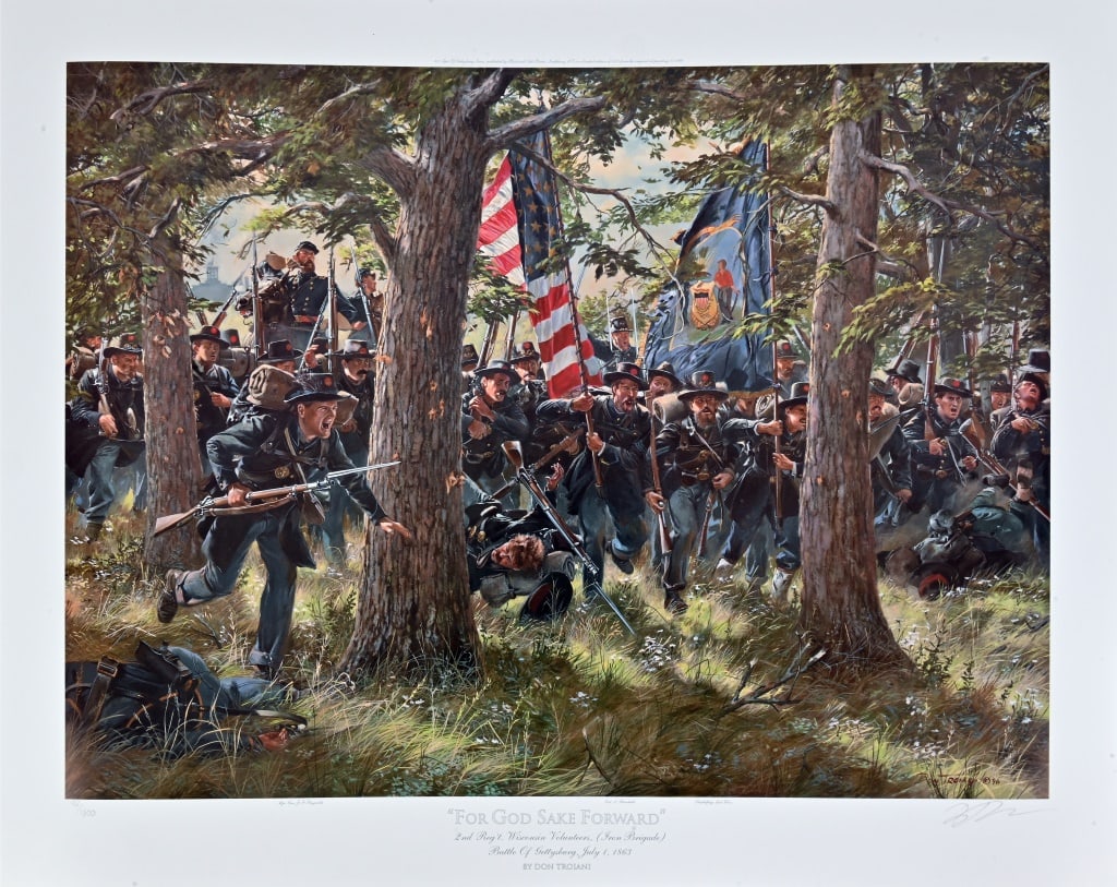Don Troiani "For God Sake Forward' Civil War Print: "For God Sake Forward". Numbered 192/1500. 2nd Reg't. Wisconsin Volunteers, (Iron Brigade). Battle Of Gettysburg, July 1, 1863. Comes with Certificate of Authenticity. Print dated 1996 and measures 24