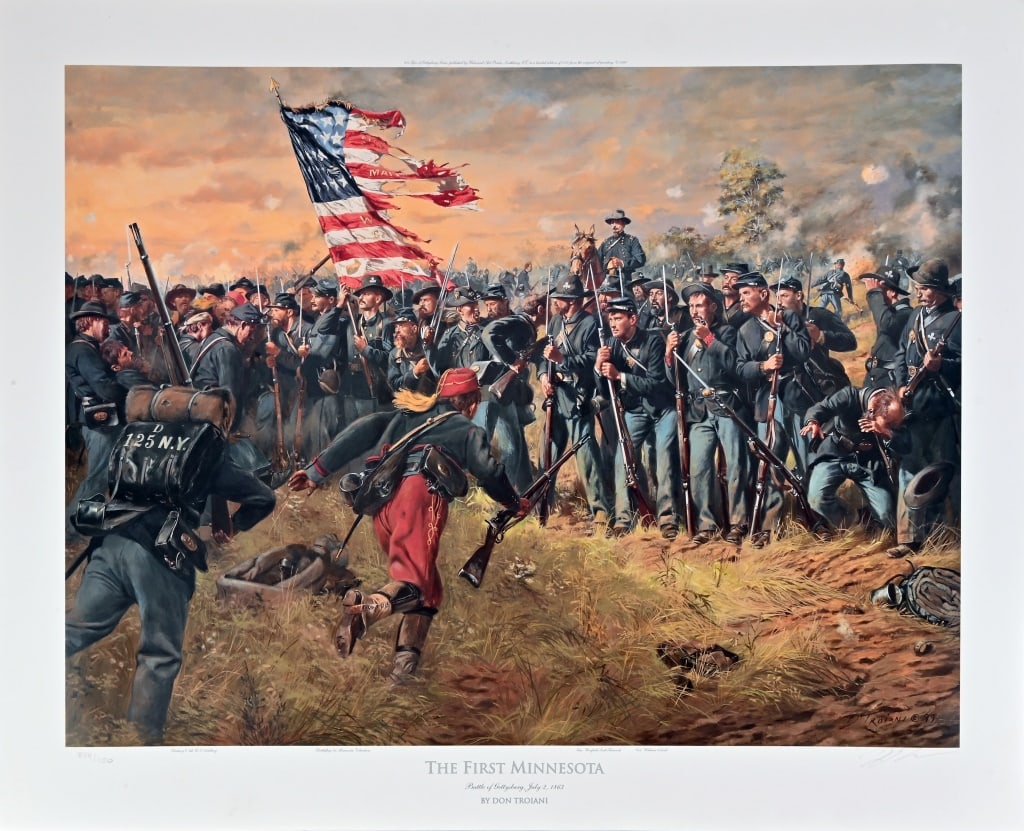 Don Troiani Civil War Print "The First Minnesota": Numbered 854/1150. Battle of Gettysburg, July 2, 1863. Signed and dated 1999. Print measures 24 1/2" x 30 1/2".