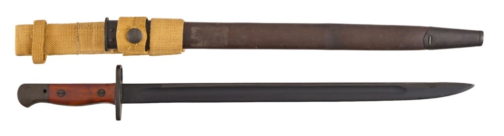 WWII Australian Slaz 56 Bayonet: WWII 1665 Australian Slaz 56 1943 Marked Bayonet. Very nice condition with scabbard and web belt attachment. A somewhat rare WWII bayonet.