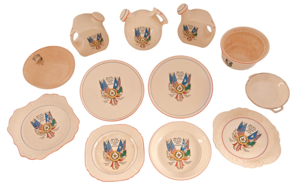 Texas "Under Six Flags" 1936 Centennial Collection: Collection of Texas 1936 Centennial Commemorative "Texas Under Six Flags" U.S.A handmade glazed pottery. All marked underneath for Universal Potteries/ S.S.S.