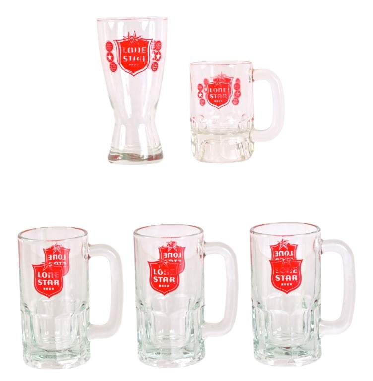 Collection of Vintage Lone Star Beer Mugs & Glass: (4) Mugs and (1) pilsner glass