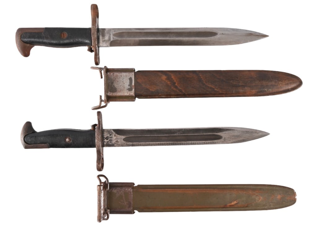 2 Military Bayonets: Rare U.S. M1 bayonet made by AFH, American Fork & Hoe Co. 9.75" good blade, some rust on hilt. U.S. flaming bomb sheath. Danish FKF model GM50 bayonet for M1 Garand, marked 1955. 9.75" blade, w/sheath
