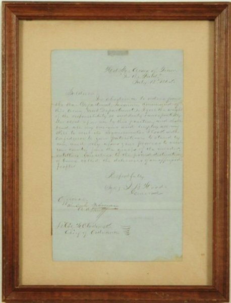General J.B. Hood Civil War Letter 1864: Civil War letter by Confederate General John Bell Hood to the Army of Tennessee after he was appointed Corps Commander of the Army of Tennessee by Jefferson Davis. The Letter written to "Army Of Tenn.