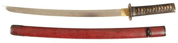 Antique Japanese Katana Sword with Scabbard: 18th Century. Blade measures 17 1/2" long, handle is 6 1/4" long, scabbard measures 21 3/4" long.