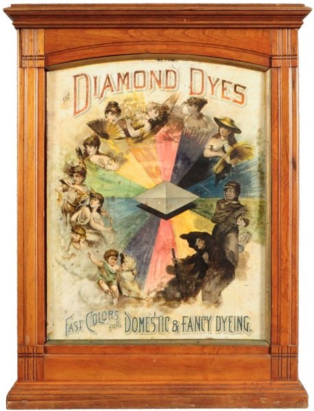 Diamond Dyes Lithographed Tin Cabinet: Measures 10 1/4" deep x 23" wide x 30" tall.