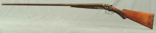 Royal Gun Works Double Barrel Black Powder Shotgun: "No. 1716 Laminated Steel Belgium" marked on top strap.