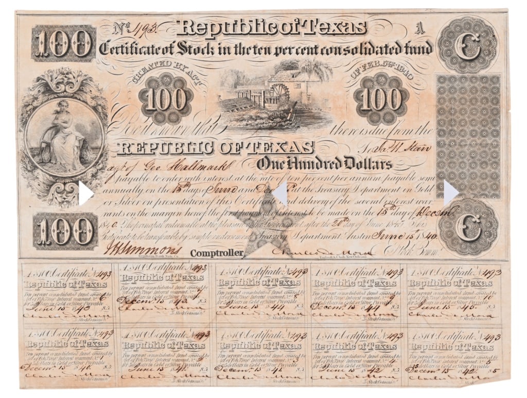1840 Republic of Texas $100 Bond Certificate: Signed by Charles DeMorse, and co-signed by Comptroller J.W. Simmons. 7.5" x 10"