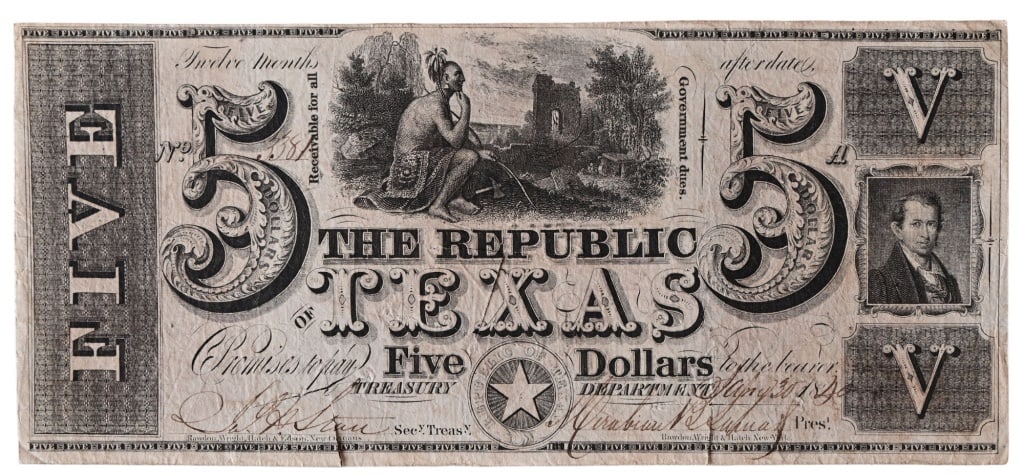 1840 Republic of Texas $5 "Redback" Note: Political note on the back to James B. Shaw (Comptroller Office) or John Swisher, from R. Johnston & Co. regarding the Legislature of Texas.