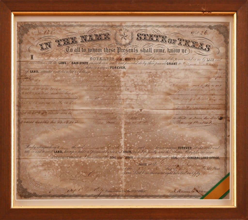 1859 Texas Governor H. Runnells Signed Land Grant: Land Grant to Dillard L. Marsh. Signed lower right by Texas Governor H.R. Runnells, notably the only person to ever beat Sam Houston in political contest. Dated July w, 1859.