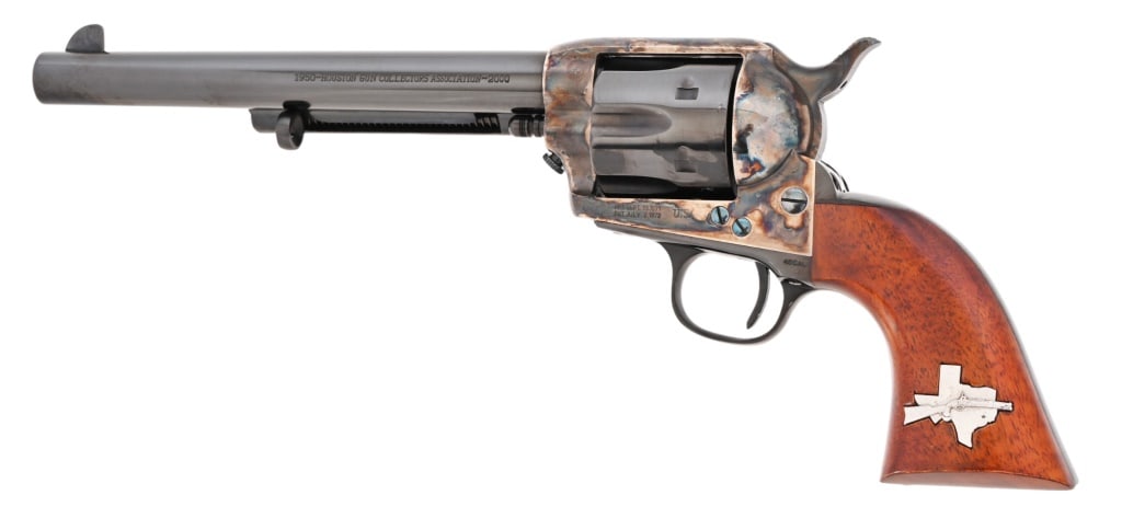 Uberti/Cimarron Model-P H.G.C.A. .45LC Revolver: S/N HGCA120. Houston Gun Collector Association Commemorative 1950-2000 Single-Action 1873 revolver, manufactured by Uberti/Cimarron, chambered in .45 Long Colt. Blue finish 7.5" barrel, case hardened