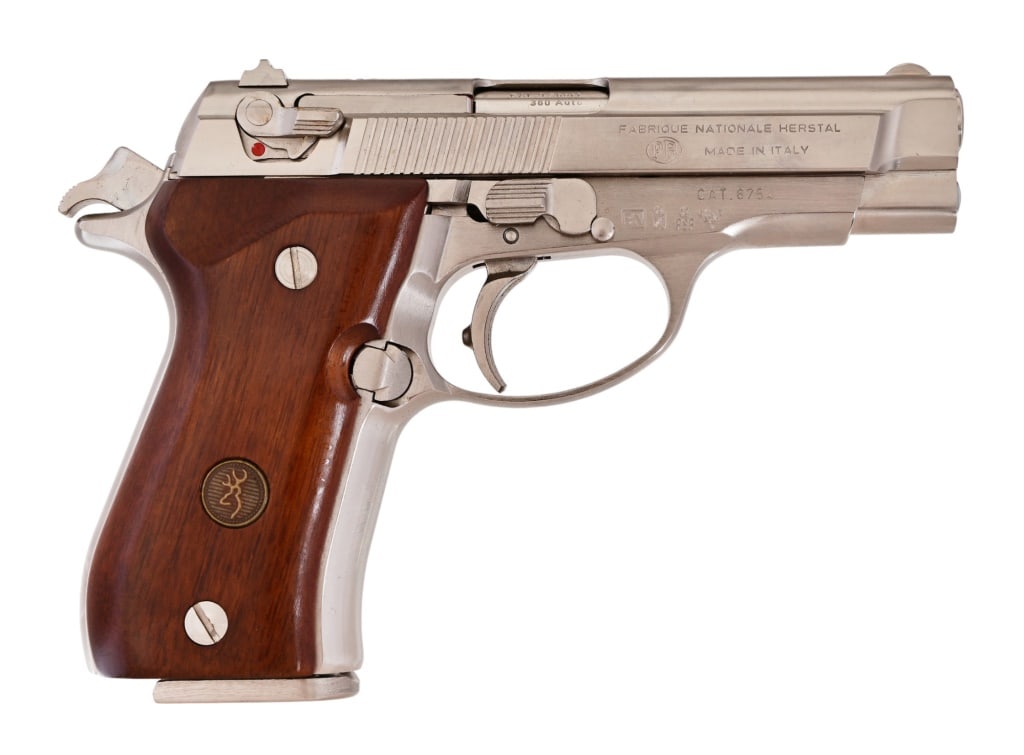 Browning FN Herstal BDA-380 Semi-Auto Pistol: S/N MM40687. Manufactured in Italy. Nickel finish, 3.5" barrel, wood grips. Excellent condition in original box with spare magazine. Modern