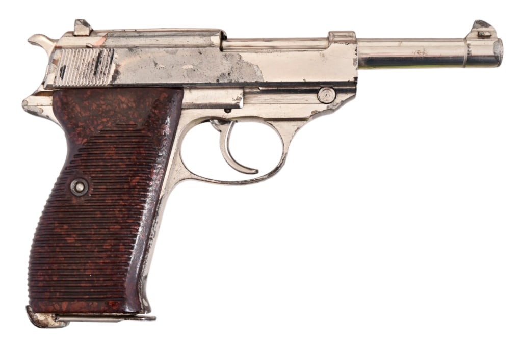 Walther P-38 WW2 Nazi-Proofed 9mm Pistol: S/N 289W. Byf 44, 1944 production. Matching numbers. Correct period grips. Working action, decent bore. Has been nickel plated in past with some finish loss. Modern