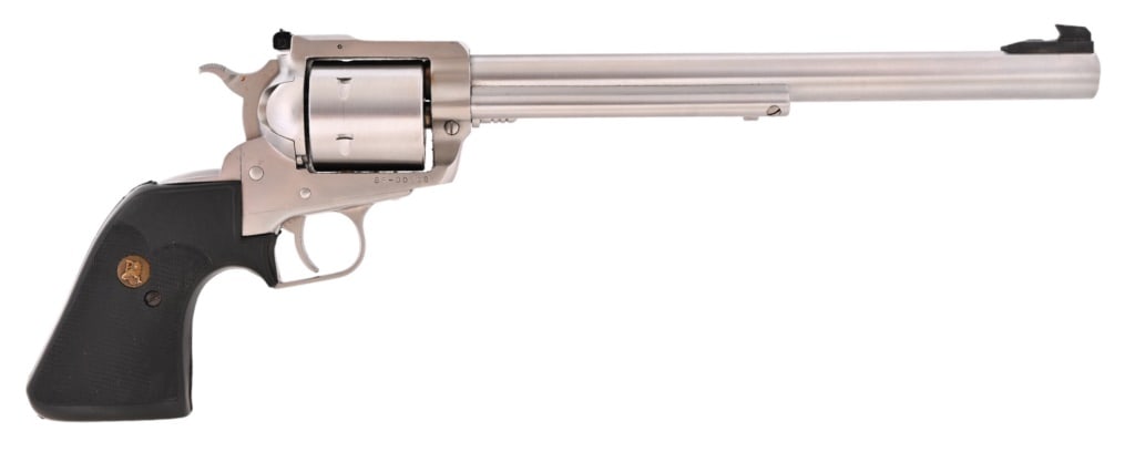 Ruger New Model Super BlackHawk .44 Magnum: S/N 8500268. Stainless steel finish, 10.5" barrel, Pachmayr rubber Presentation grips. Excellent condition in original Ruger box. Modern