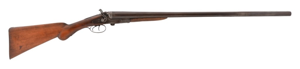 Erichson Double Barrel 10 Gauge Shotgun: SN 5353. Hammered shotgun with side release lever. Barrels are marked Otto Erichson, Houston, TX a gunsmith and importer in Houston, TX in the mid 1800's. Barrels measure 32". Dark Bore, wood is solid