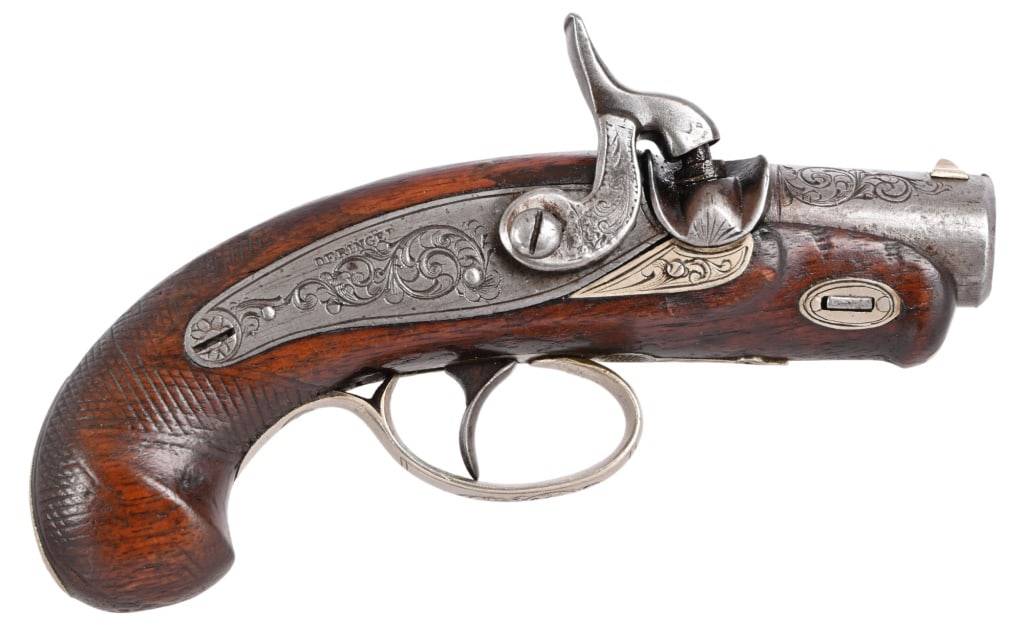 Texas Marked Erickson Peanut Percussion Derringer: Single-shot Erickson percussion peanut derringer. "TEXAS" marked on 2" round barrel. Checkered walnut stock, good action and condition. Attributed to Erickson of Houston Texas
