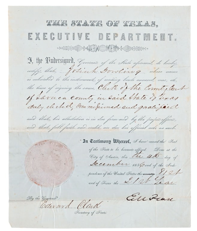 1856 Lavaca Texas County Clerk Appointment Certif. Auction