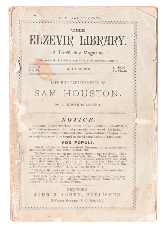 Life And Achievements Of Sam Houston 1855 Book: By C. Edwards Lester. Published by John B. Alden 1883. Reprint of the 1855 original.