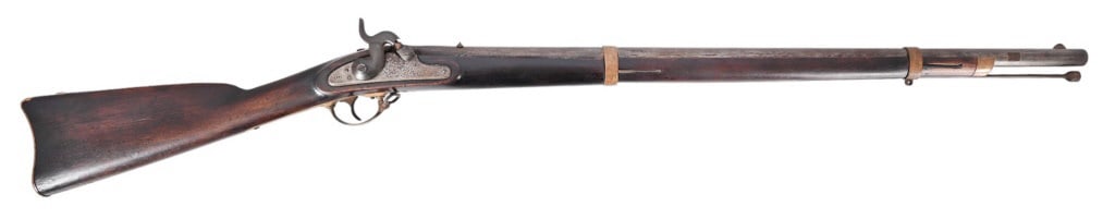 Fayetteville Confederate Musket: Lock plate dated 1863, Fayetteville. 32" barrel, .58 cal. Butt plate has C.S.A. markings. Grey patina finish, side plate and hammer are iron. Wood condition is good.