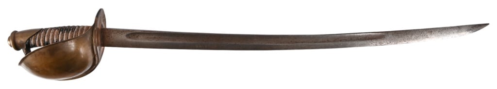 Civil War Ames US M1860 Naval Cutlass: Clear Ames maker banner on blade. U.S.N. 1861 marked, other side of 26" curved blade with "D.R." inspector Daniel Reynolds stamp. 32" overall.