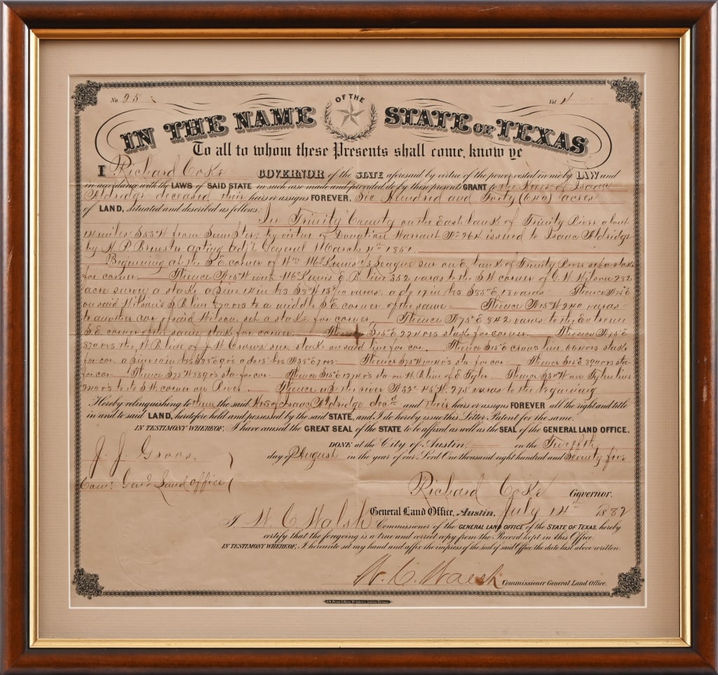 1882 Texas Governor R. Coke Signed Land Grant: Copy of original land grant dated August 12, 1875, granting 640 acres in Trinity County to heirs of deceased Isaac Aldridge. Signed by Texas Governor Richard Coke, as well as signed lower by Civil War