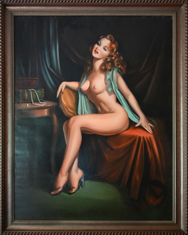 Large Nude Pinup Oil Painting Forrest H. Clough: By Forrest H. Clough 48" Wide x 62" H.