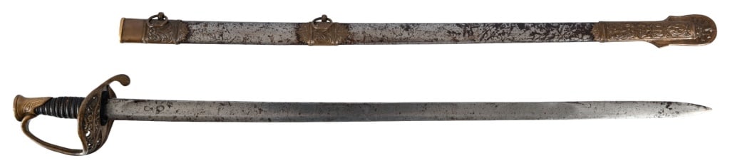 Confederate M1860 Light Cavalry Sword & Scabbard: CS" marked brass guard. Blade measures 32.5", overall length 37.5