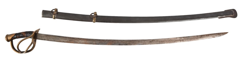 Unmarked Sword and Scabbard: Design follows M1840 heavy Calvary saber. 35.5" curved blade, 41" overall. Some degradation to leather handle wrap, blade leather washer missing.