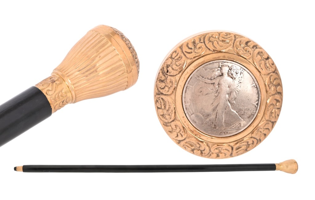 Vintage Walking Cane 1940 Coin in Handle: With 1940 Saint-Gaudens Coin embedded in handle. 36"