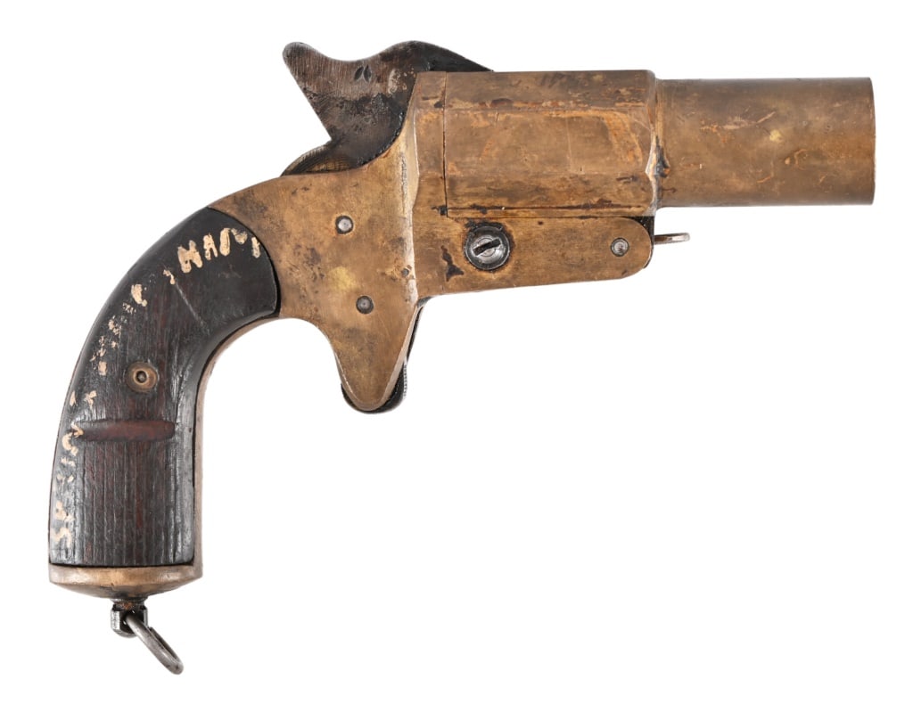 A.H. Fox Mark IV 25mm Flare Pistol: S/N 9-487, Made by A.H. Fox for US Military during WWI era. Brass and steel construction, working action.