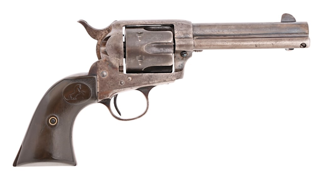 Colt Model 1873 Single Action Army Revolver .38WCF: S/N 1199566, manufactured by Colt in 1900. Blue finish, Rampant Colt grips, 4.75" barrel. Retains good action lockup and decent bore. Modern