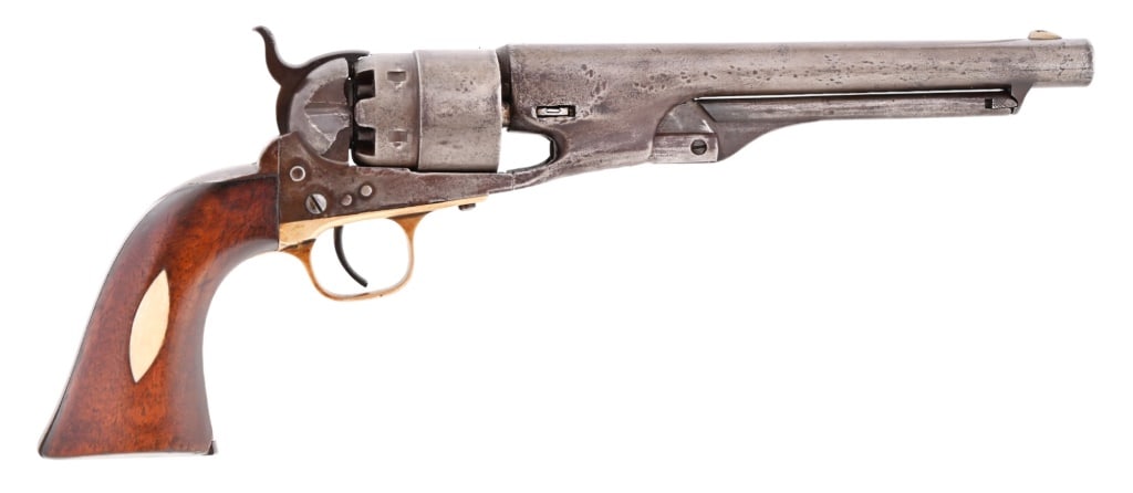 Colt Model1860 Army Revolver .44 Cal: S/N 11998, numbers matching revolver manufactured by Colt in 1861. Walnut grips still feature inspector cartouche, antique bone inlayed. Decent condition action, 8" barrel, however issue holding full 