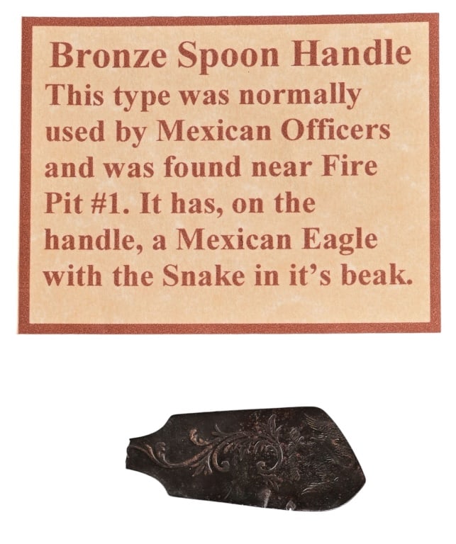 Alamo Battlefield Relics From 2008 Excavation: (Pair) Bronze Spoon handles, Mexican Eagle with snake motif. Found near fire pit #1 during the 2008 excavation of The History Shop.