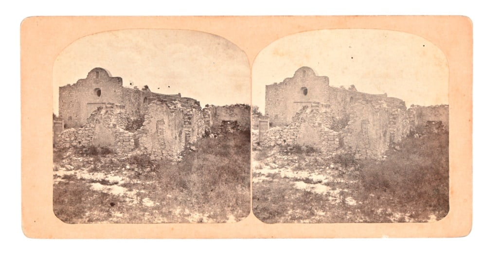 Presidio la Bahia Mission Chapel Stereograph Card: Photographer Henry A. Doerr, San Antonio, Texas. 3.5 x 7