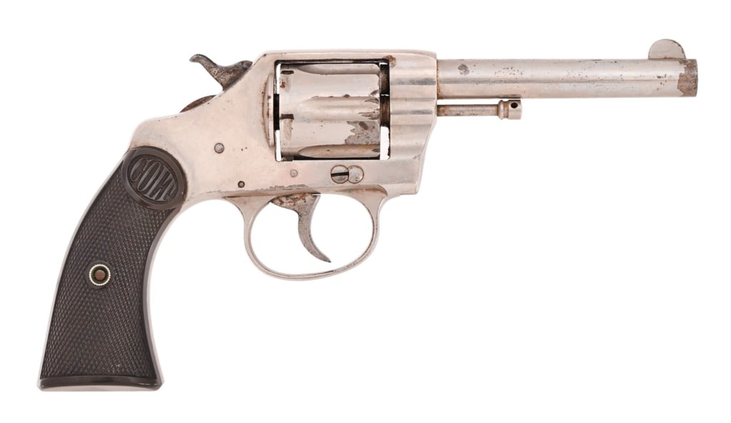 Colt New Police .32 Revolver: SN 17570, Early Colt with flat latch manufactured 1903. Nickel plated finish, 4" barrel, very good period Colt grips. Tight action and decent bore.