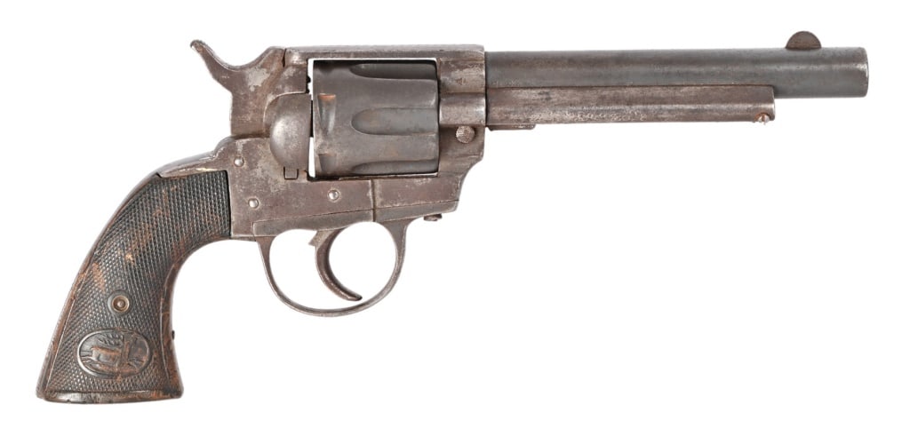 Belgian "Texas Ranger" SAA Copy .38 Spl Revolver: Single Action Army copy frame, manufactured as double action. No visible serial number, 5.25" barrel. Action works. Period leather holster. Ejector tab is broken, dark bore, chip in left grip panel.