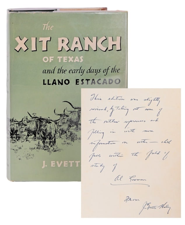Signed "The XIT Ranch of Texas" by J. Evetts Haley: 2nd printing 1953 published by University of Oklahoma Press. Signed by J. Evetts Haley, with inscription describing the differences in print.