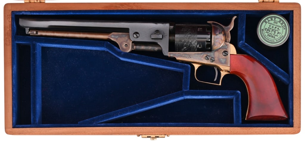 Colt 1851 Navy 2nd Generation .36 Cal Revolver: SN 23705. As new in Colt wooden box. 7.5" barrel. Colt made reproduction Black Powder guns from 1971-1982. Black Powder.
