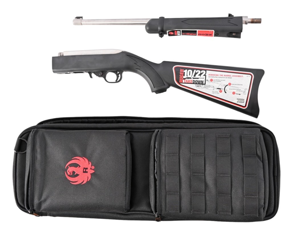 Ruger 10/22 Take-Down Semi-Auto Rifle .22 LR: S/N 823-65338. Like new condition in original box with travel case. Stainless finish, 18.5" barrel, composite take-down stock. Modern