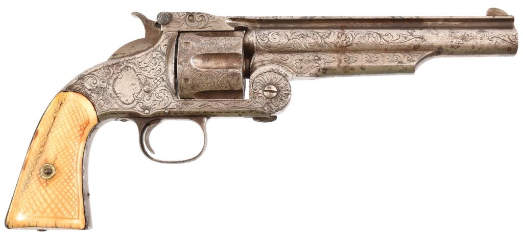 Engraved S&W 2nd Model American: SN 11747. Period New York engraved S&W American with checkered ivory grips, 6" bbl. Antique.