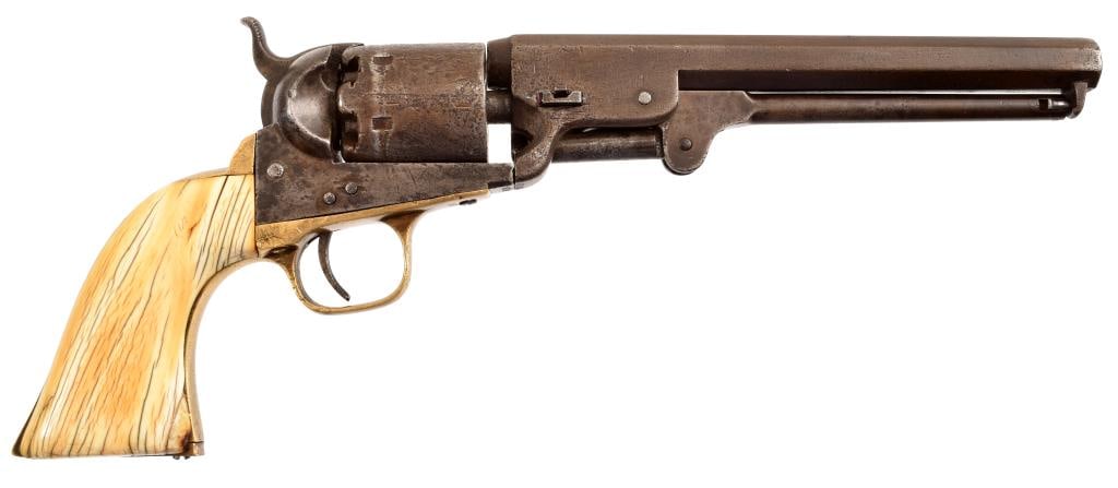 Confederate Colt 1851 Navy A.W Thompson Arkansas: SN 98198. Backstrap is period engraved " A.W. Thompson 6th Ark. Reg't G. Co. " 7.5" octagon barrel, period ivory grips. Antique.