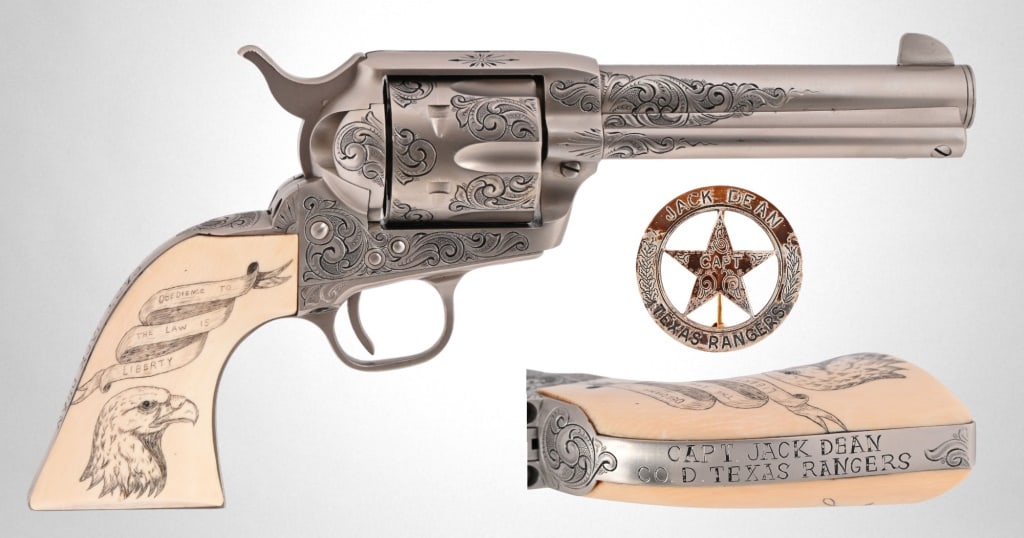 Texas Ranger Jack Dean's Colt SAA & Captain Badge: S/N 12071SA, .44 Spl. caliber, 4 3/4" barrel. Extensively engraved by Jimmy Riggs of Boerne, TX. One pc. custom Ivory grips, scrimshaw reads "Obedience to the Law is Liberty" on right grip. Manufactur