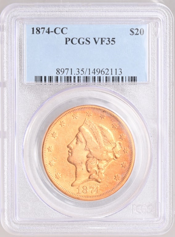 1874-CC Liberty $20 Gold Coin PCGS VF35: 1874-CC Liberty $20 Gold Coin PCGS VF35