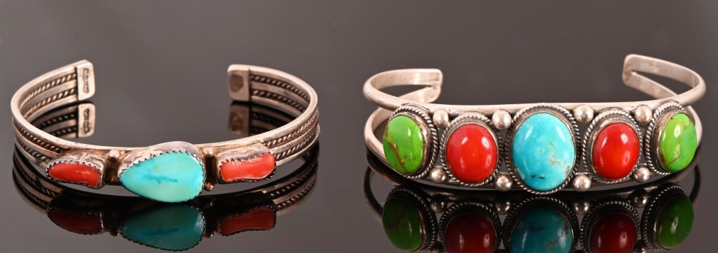 Two Sterling Silver Bracelets With Turquoise: And Red Coral. One is marked RB .925