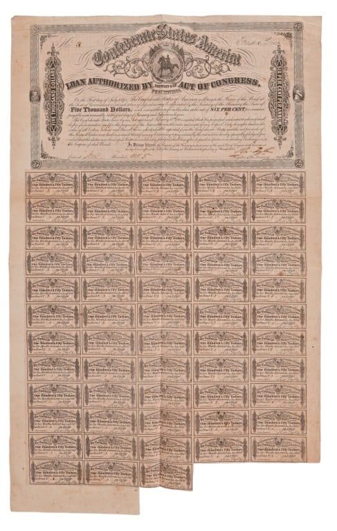 Confederate $5000 First Series Bond Certificate: No. 3. Dated March 1, 1864. Document measures 16.75" x 27.75"