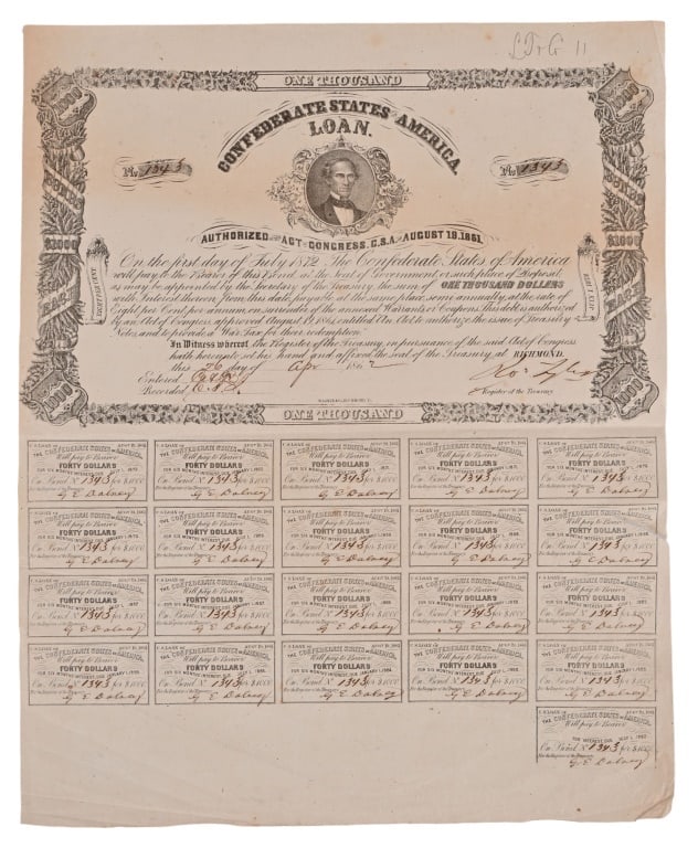 Confederate States $1000 Loan Certificate: Dated April 26, 1862. Document measures 13" x 16"