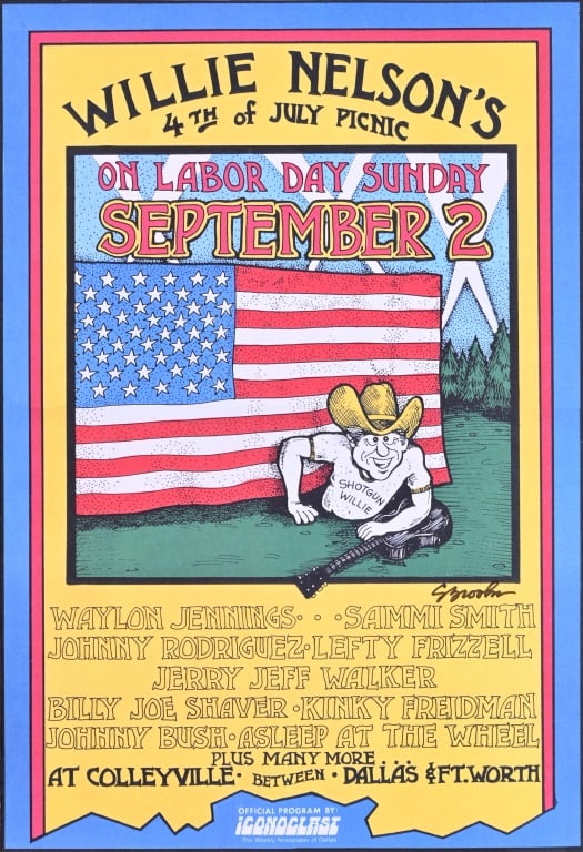 Willie Nelson July 4th Labor Day Picnic Poster: Extra Rare, Mint condition Willie Nelson 4th of July poster, Labor Day 9/2/1973. From the collection of longtime Willie Nelson artist Steve Brooks, signed mid-lower right. (11x17)