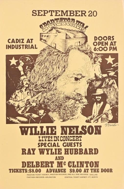 Willie Nelson Dallas Sportatorium Poster '78: Rare Willie Nelson concert poster, featuring Ray Wylie Hubbard and Delbert McClinton. Sportatorium, Dallas Texas. From the collection of longtime Willie Nelson artist, Steve Brooks, signed. 11x17