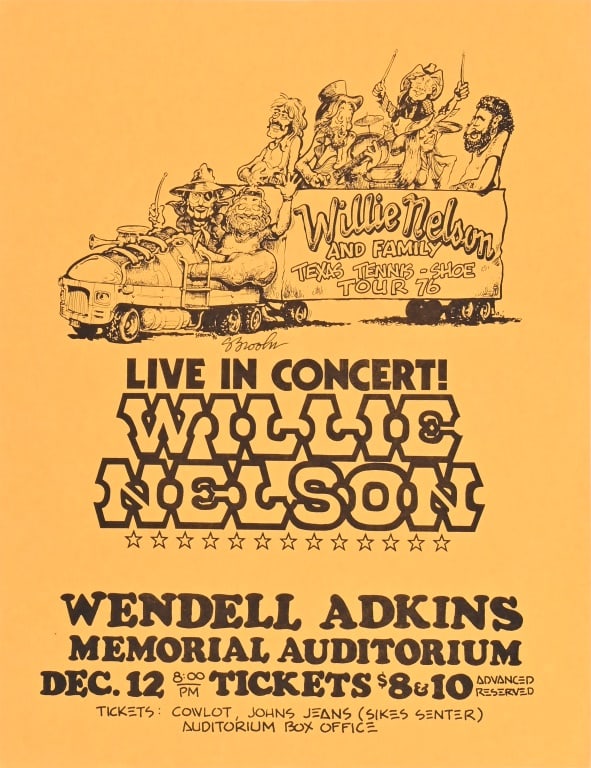 Willie Nelson Abilene Texas Concert Handbill '76: Rare handbill featuring Willie Nelson and Family, Texas Tennis Shoe Tour, Memorial Auditorium, Abilene, Texas 12/12/1976. From the collection of longtime Willie Nelson artist, Steve Brooks, signed. 8.