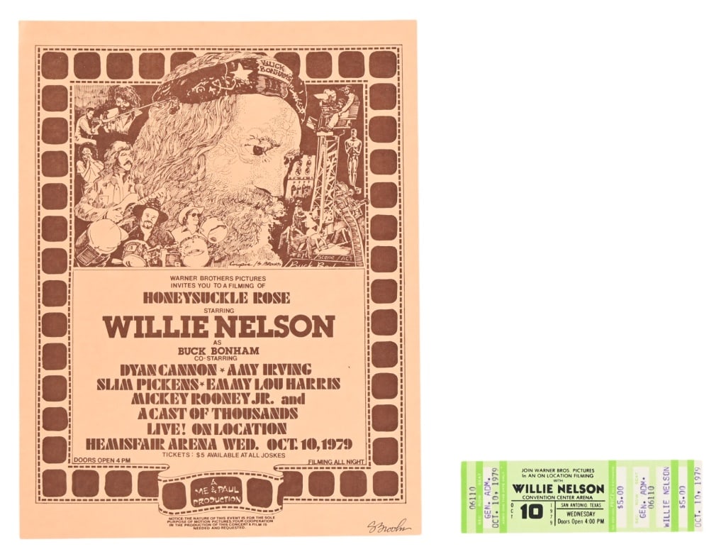 Willie Nelson "Honeysuckle Rose" Handbill & Ticket: Filming production invitational handbill (8.5 x 11), along with ticket stub for Willie Nelson's "Honeysuckle Rose" movie premiere. Convention Center Arena, San Antonio Texas, October 10, 1979. From th