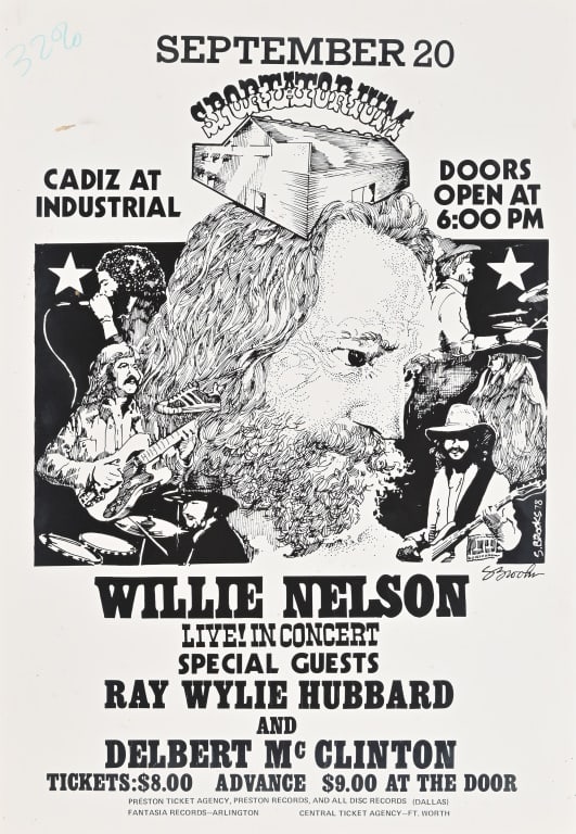 Willie Nelson Dallas Sportatorium Poster '78: Rare Willie Nelson concert poster, featuring Ray Wylie Hubbard and Delbert McClinton. Sportatorium, Dallas Texas. From the collection of longtime Willie Nelson artist, Steve Brooks, signed. 11 1/4 x16